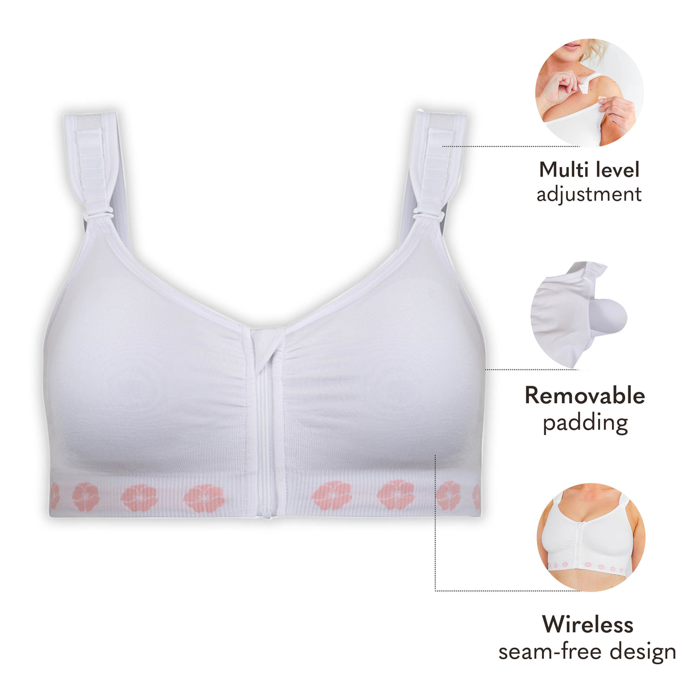 Zip front post surgery bra features including adjustable straps and removable padding